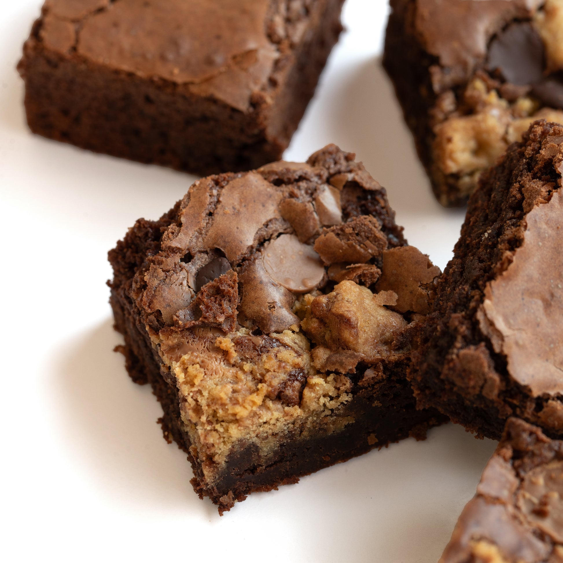 Close-up of a brookie with chips on a white background